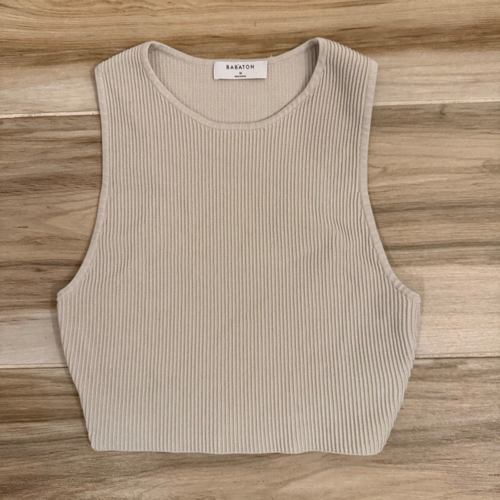 Babaton Sculpt Knit Cropped‎ Tank Top Beige Ribbed Racerback Crew Neck Medium